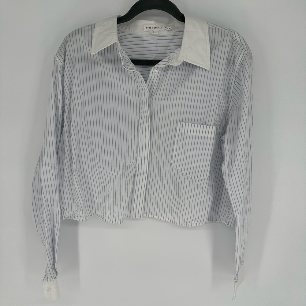 Good American Cotton Poplin Cropped Shirt Blue Stripe Large Button Up Pocket